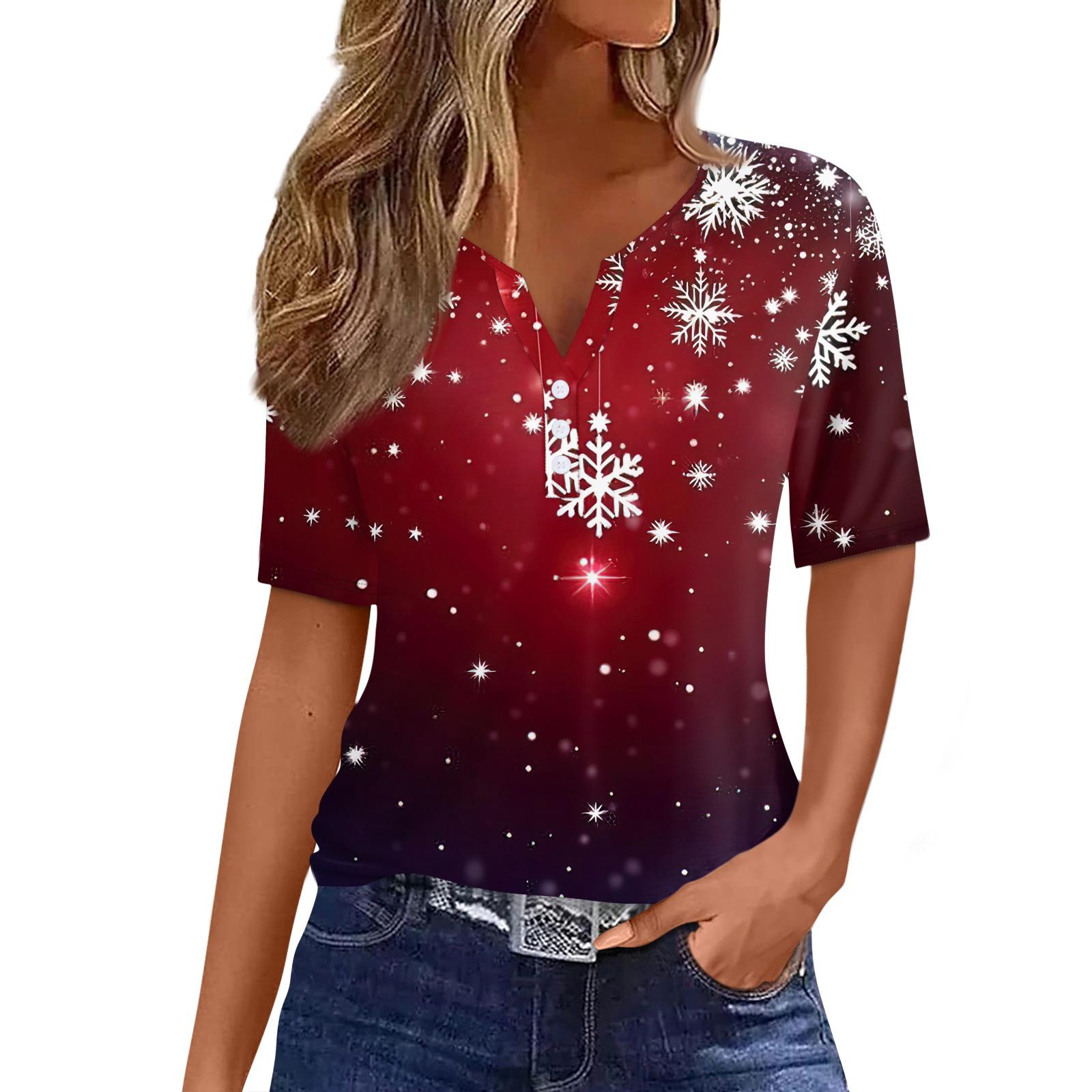 

Женская футболка с рождественским принтом, на пуговицах, с коротким рукавом, повседневная, для выходных, модная, базовая, с V-образным вырезом, обычная XL винный