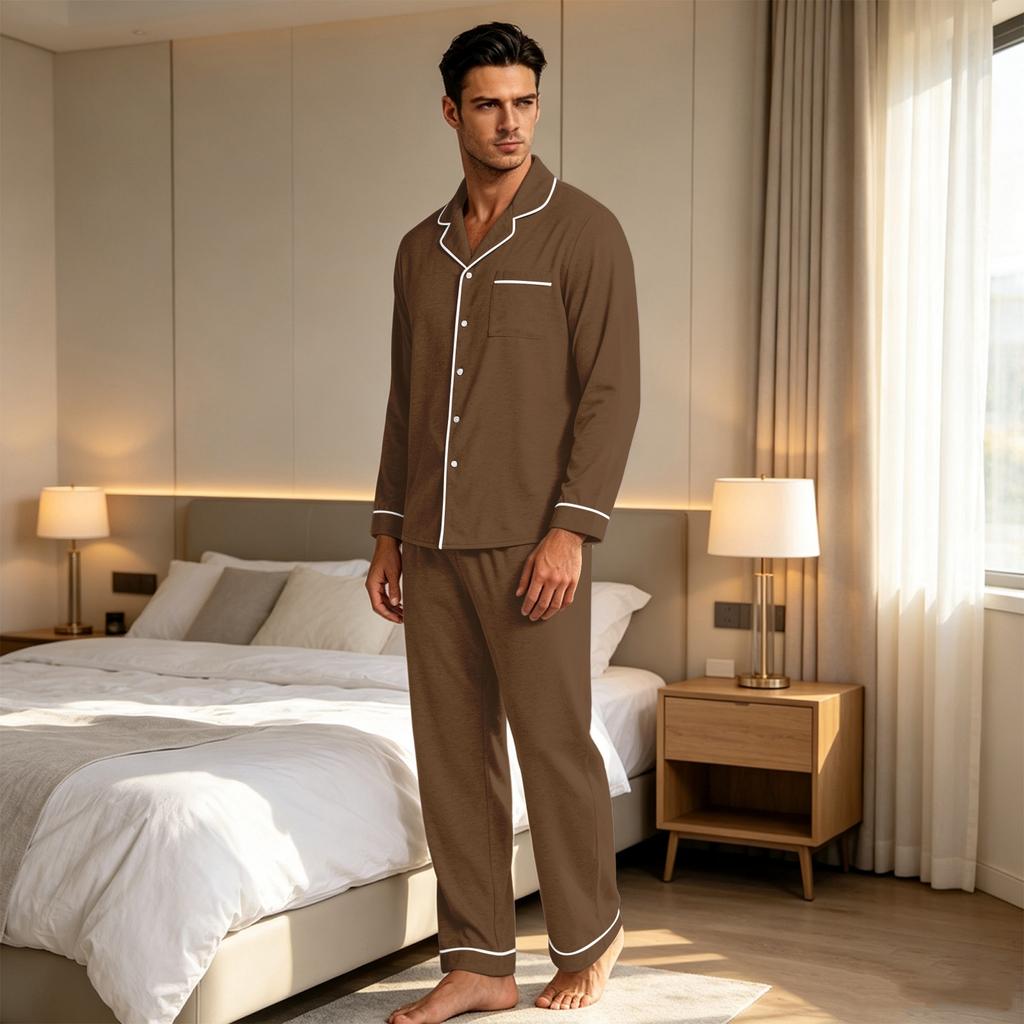 Herren Casual Farb-Pyjama-Set mit durchgeknöpftem Hemd und gerader Hose - Zweiteilige bequeme Nachtwäsche