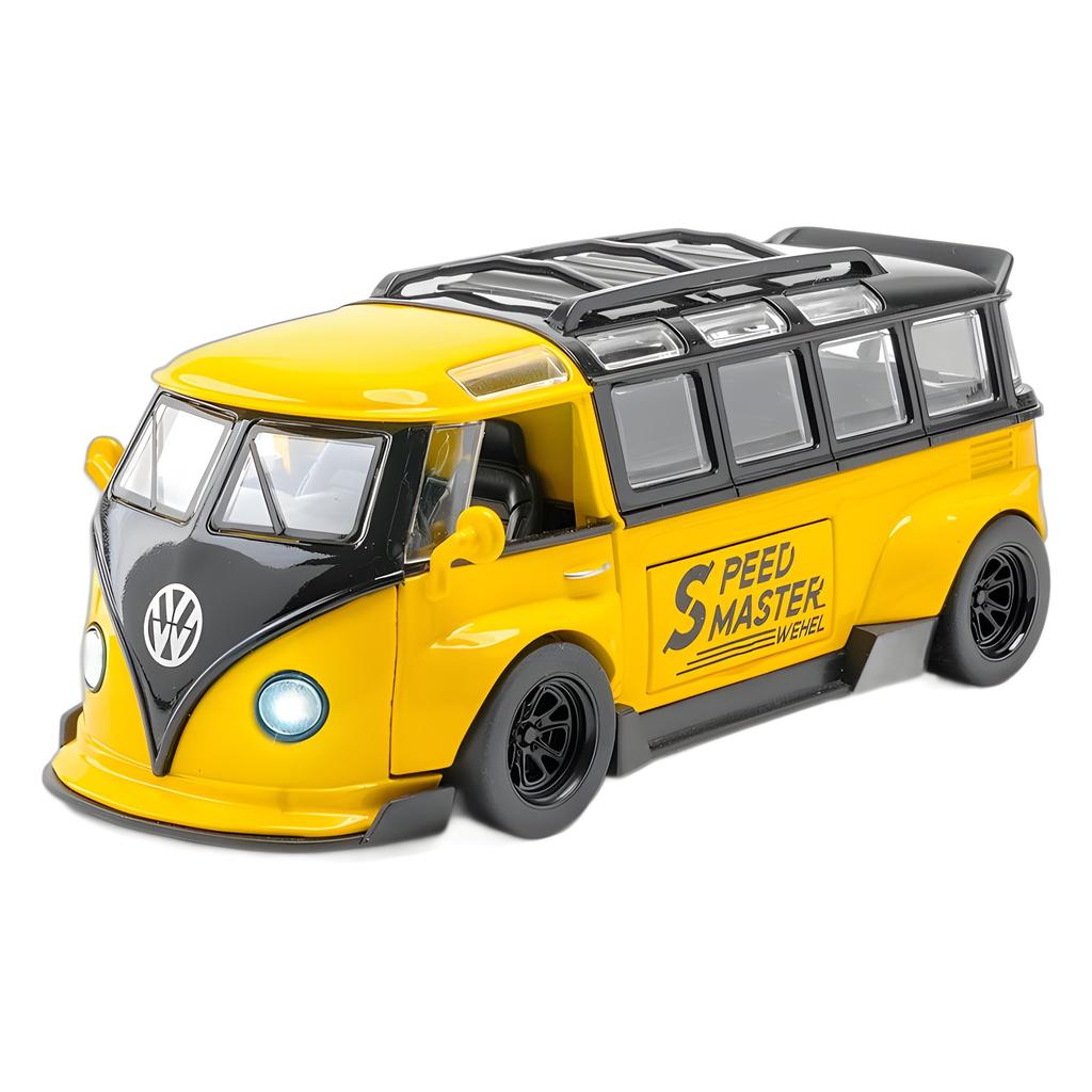 1/32 მასშტაბის T1 მიკროავტობუსი Samba JDP მოდიფიცირებული სათამაშო მანქანა ბავშვებისთვის, დიეთქასტი მინიატურული მოდელი, ხმისა და განათების კოლექცია, საჩუქარი ბიჭებისთვის