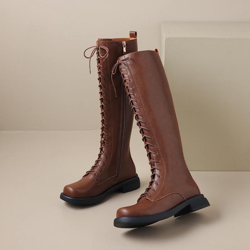 Krazing Pot Cow Split Skin Autumn Winter Shoes Concise Thick Heels Size 41 Thigh High Boots Keep Warm Round Toe Slip On Retro Knee Boots