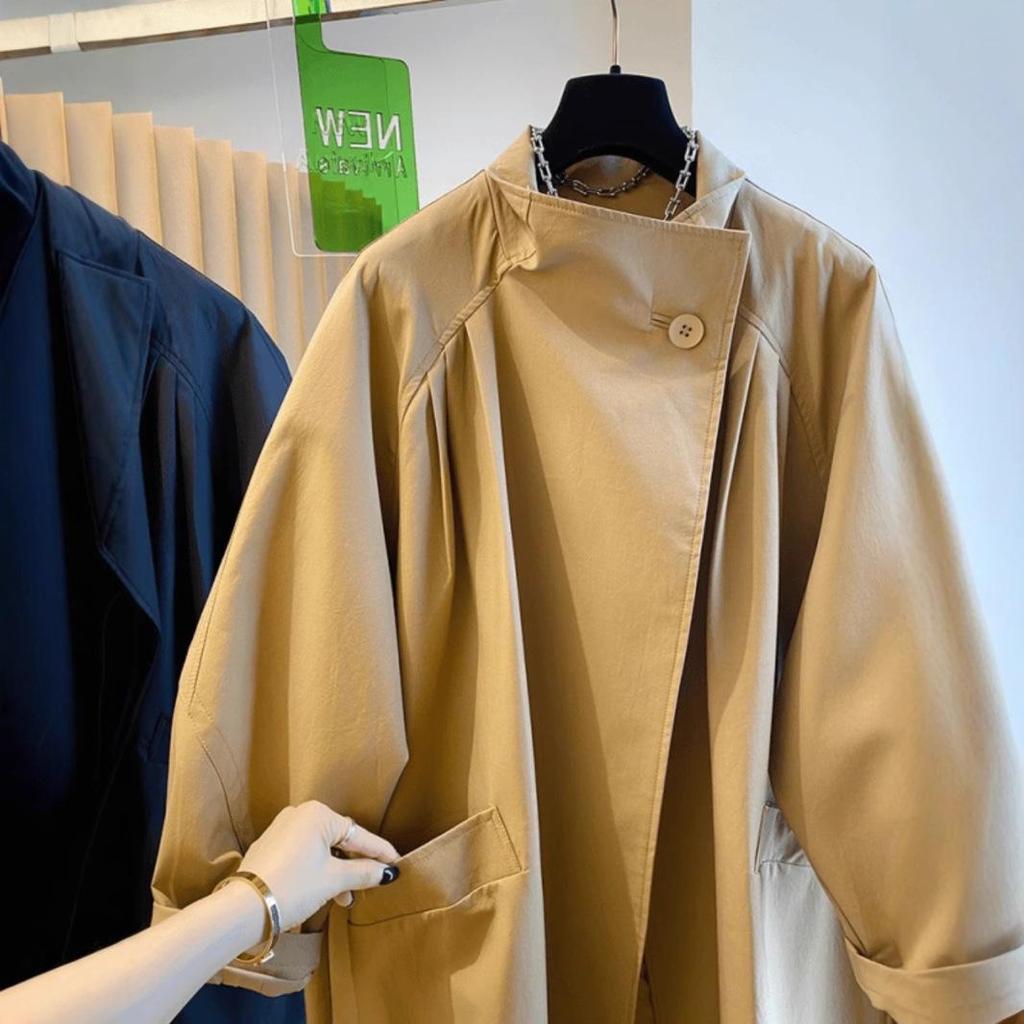 Korean Style High-End Stand-Up Collar Loose Mid-Length Trench Coat for Women