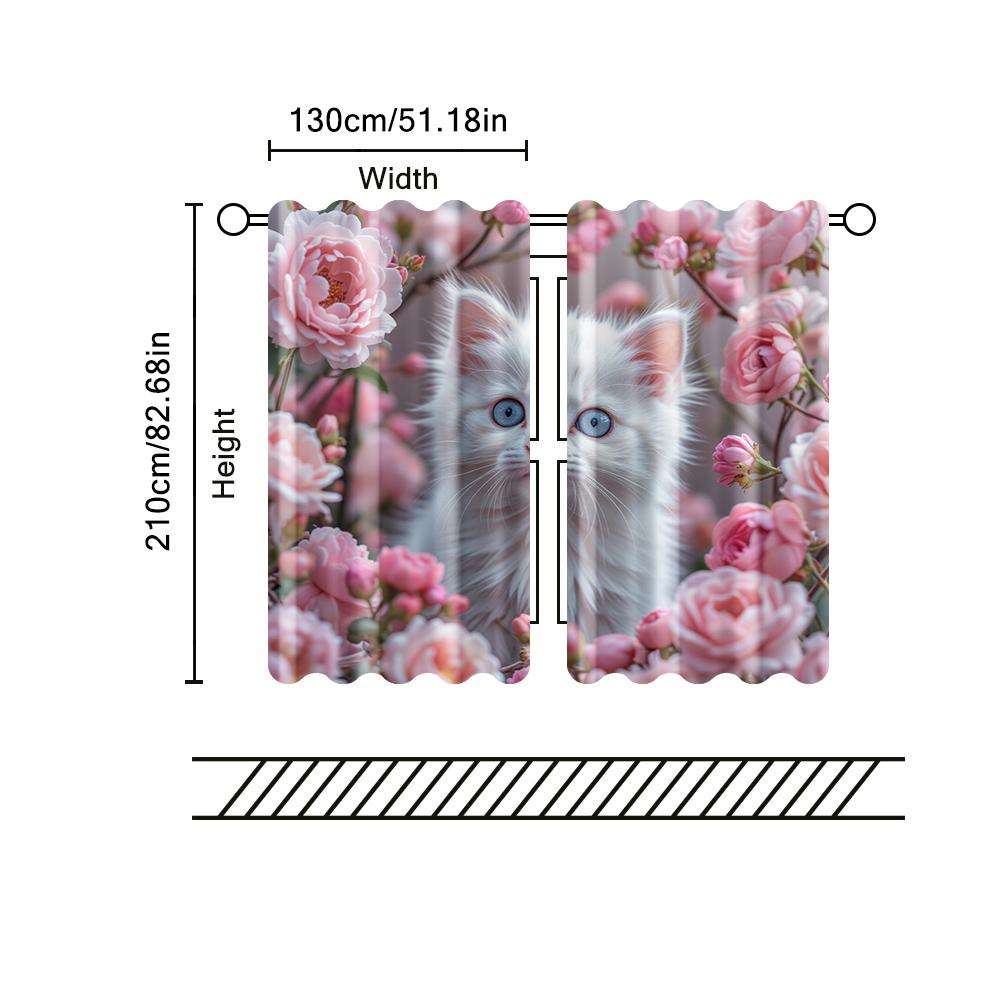 2 Pcs   Filtering Curtains (excluding Rods   Non-movable   Without Batteries) Adorable Kitten for Use In Bedrooms and Living Rooms