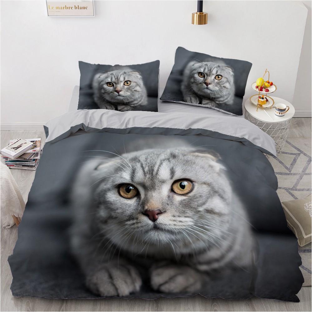 3D Cat King Queen Duvet Cover Lovely Grey White Kitty Bedding Set For Kids Teens Adults Scottish Fold Soft 2/3pcs Quilt Cover