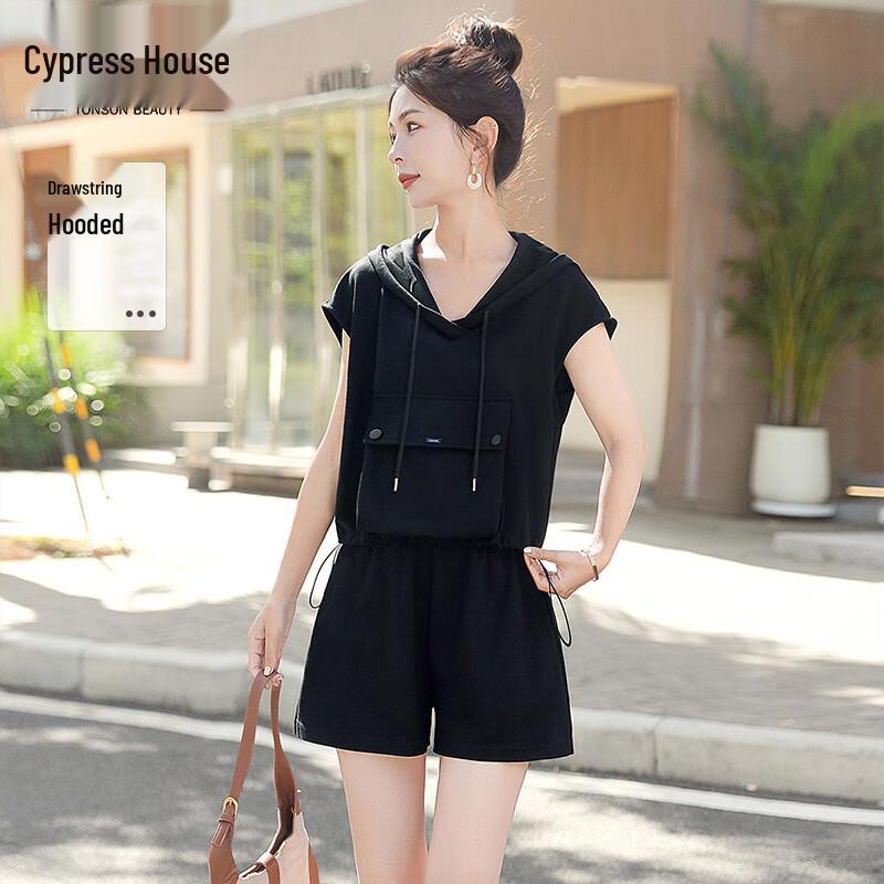 Sibaishe Women s Drawstring Hooded Top & Shorts Set M