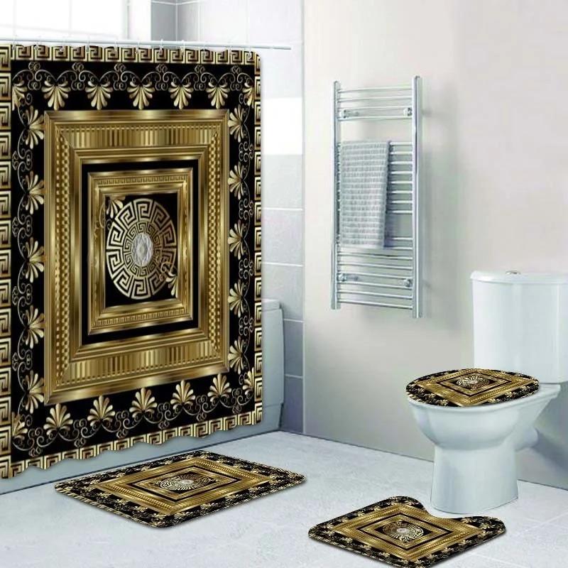 3D Luxury Black Gold Greek Key Meander Baroque Bathroom Curtains Shower Curtain Set For Bathroom Modern Geometric Bath Rug Decor