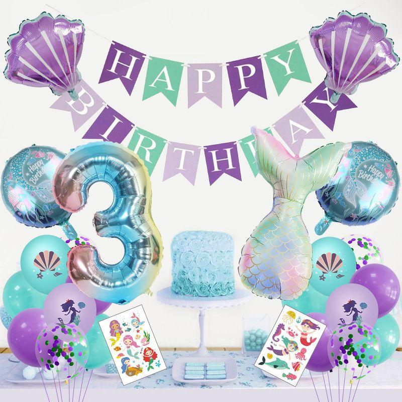Fashionable Mermaid-themed Children's First Birthday Party Decoration Mermaid-printed Latex Banner Sticker Set