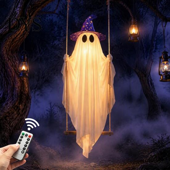Ghost Decor with Hat Halloween Swing 2 Hats, Ornament LED Creepy String Light, Remote Control Glowing Hanging for Tree Porch Garden Swinging Pendant