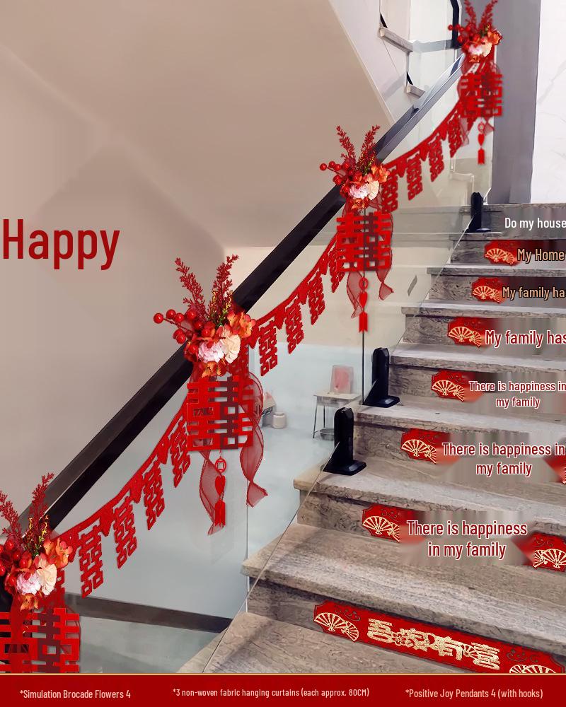 Wedding Stair Railing Decoration Set with Double Happiness Pull Flowers