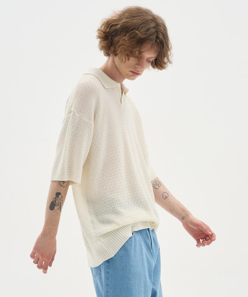 BLOND9 Soft Texture Open Collar Short Sleeve Knit_Ivory