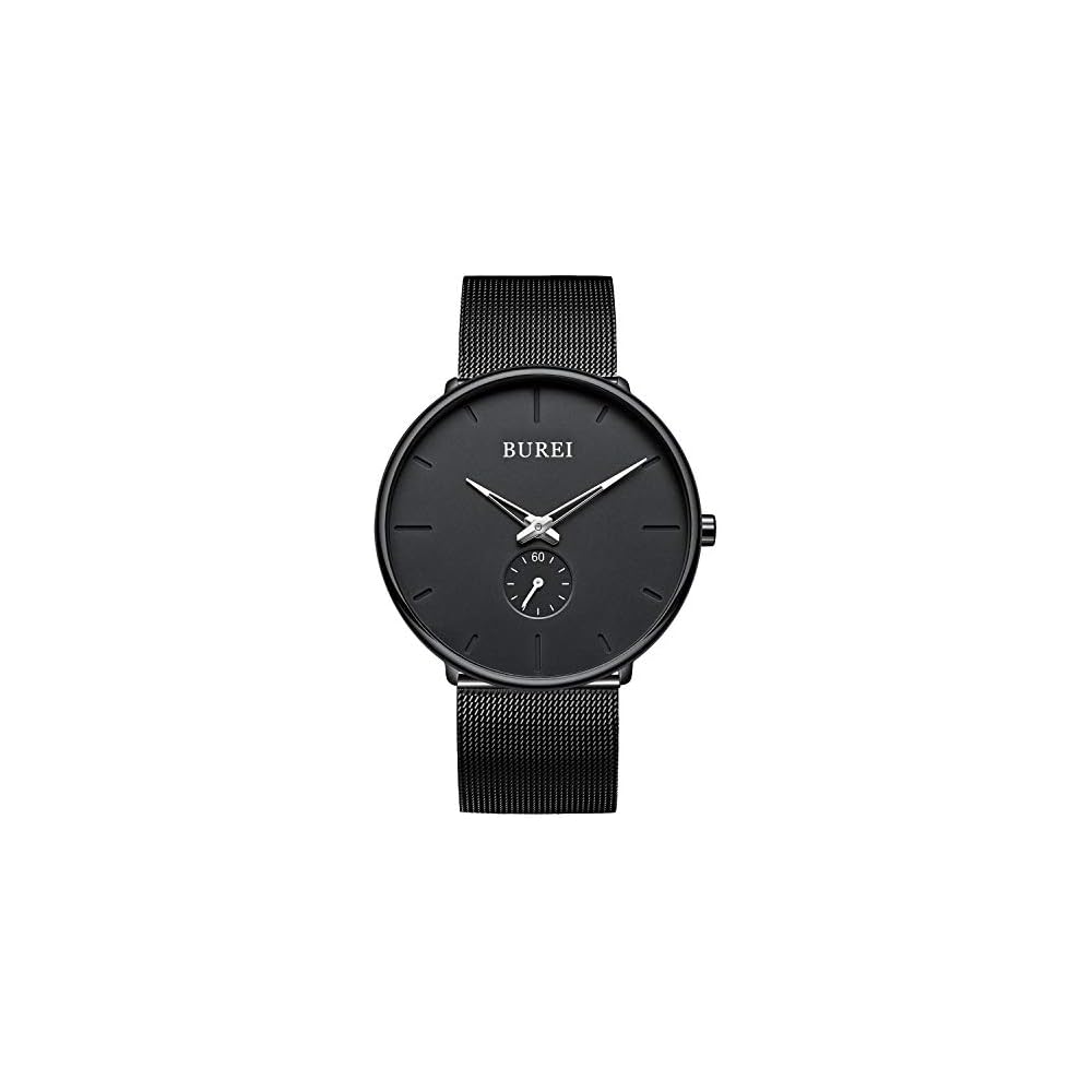 BUREI Men s Casual Black Quartz Watch Waterproof Simple Stylish with Net Strap