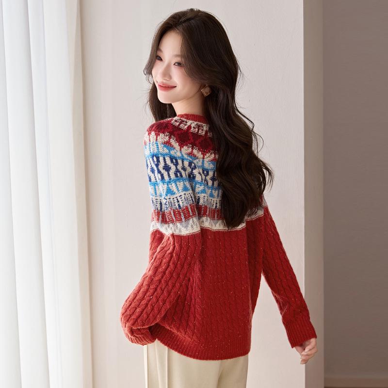 Women's Color-Blocking Wool Pullover Sweater - Stylish Loose Fit for Autumn and Winter