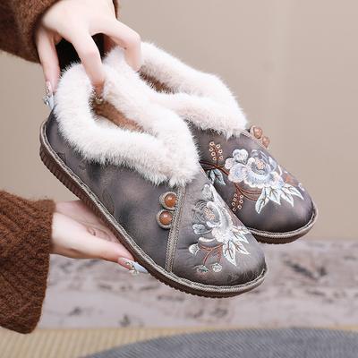 Winter-Loafer mit Fellfutter für Damen, zum Reinschlüpfen, Plateau-Loafer mit Stickerei, dicke warme Plüsch-Loafer für Damen, bequeme, rutschfeste Loafer-Hausschuhe mit runder Zehenpartie