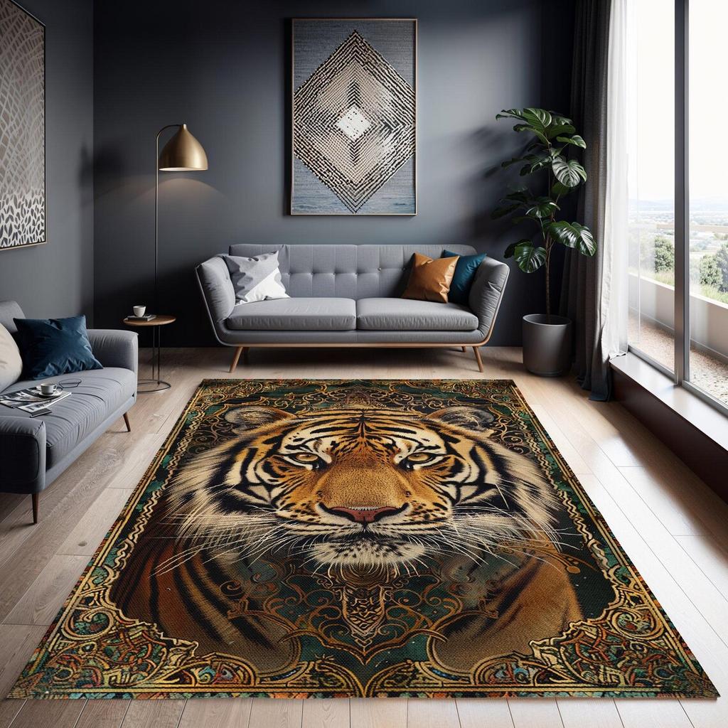 Modern Tiger Art Area Rug Safari Vibe Polyester Chenille Carpet Washroom Floor Mat Washable Dining Room Bedroom Decor Floor Rug