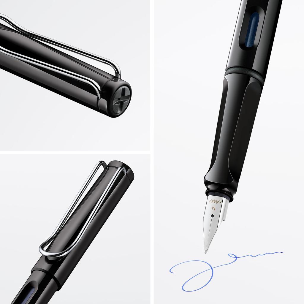 Lamy Safari Glänzend Schwarz Füller Schwarz Ergonomischer Griff und Polierter Stahl Größe F Ideal zum Schreiben und für Kalligraphie Enthält LAMY T10 Blaue Tintenpatrone