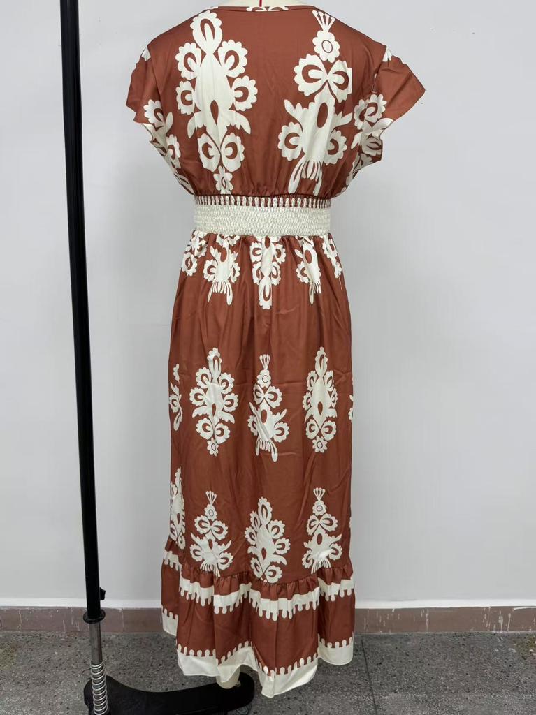 2025 European and American V-neck Waist-Cinching Summer Print Long Dress for Women