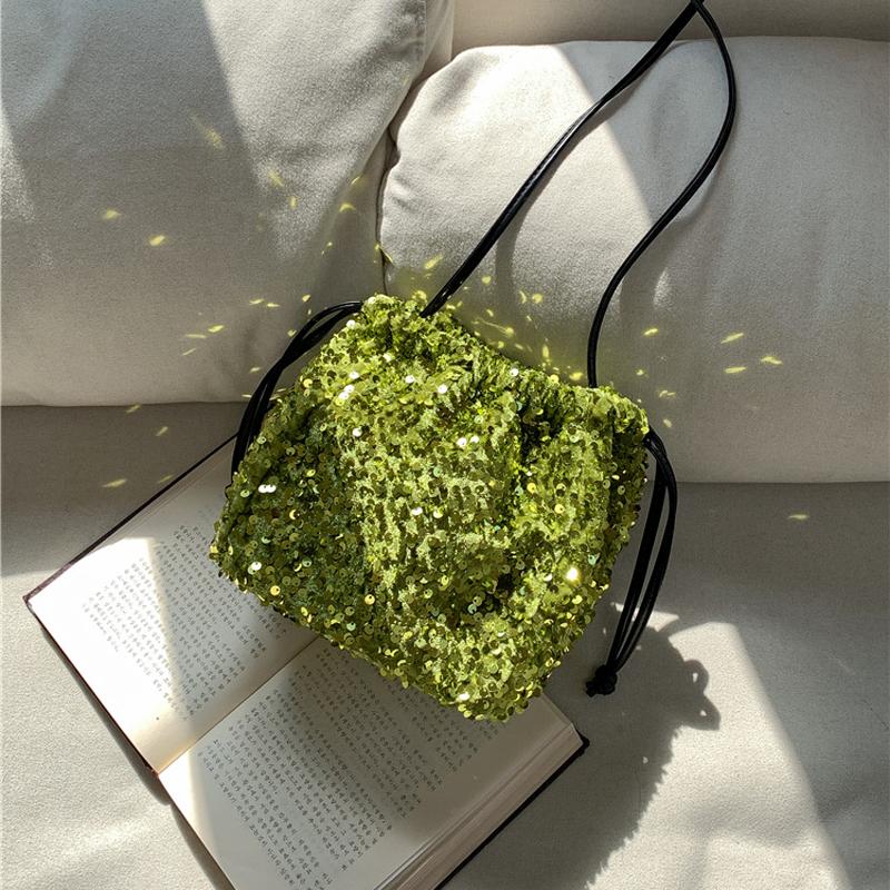 Handheld Bucket Bag, Women's Drawstring Pleated Shoulder Crossbody Bag, Women's Fashionable Colorful Sequin Bag