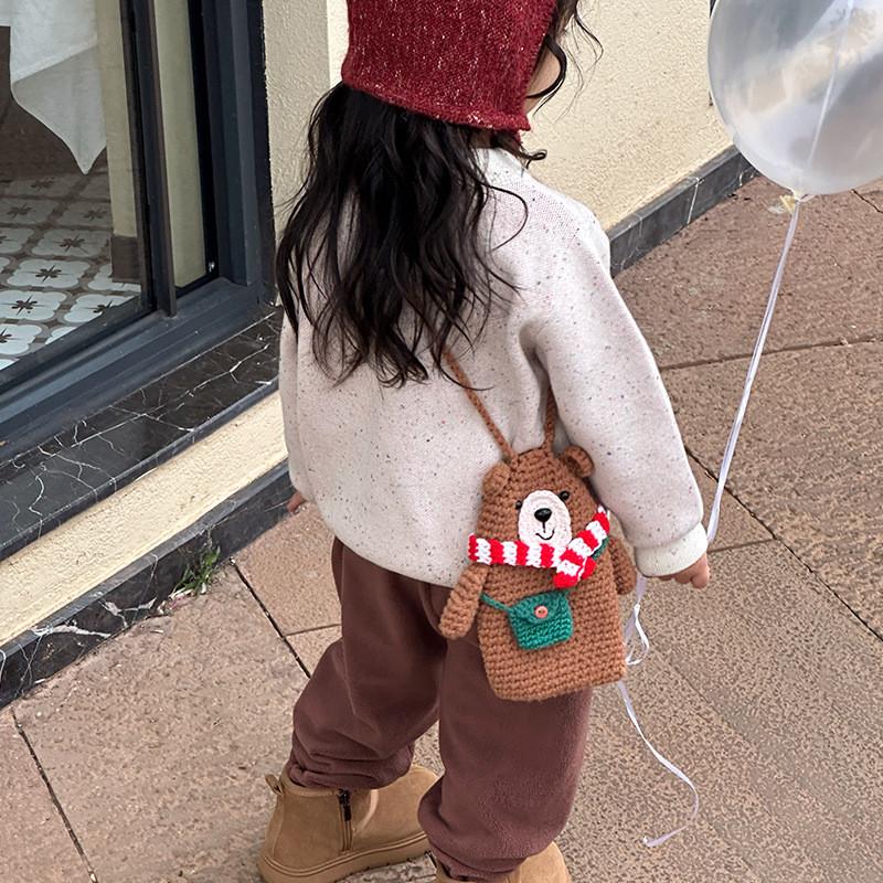 Bear Cute Knit Sling Bag For Kids Ideal For Daily Wear With Charming Cartoon Animal Design