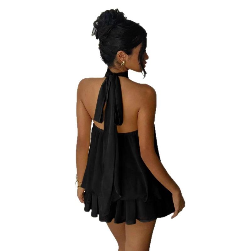 Women's Halter Neck Backless Mini Dress Sleeveless Layered Ruffle A Line Solid Color Summer Vacation Dress