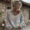 Damen S Lockerer Schnitt V-Ausschnitt Langarm 3D Blumendruck Pullover