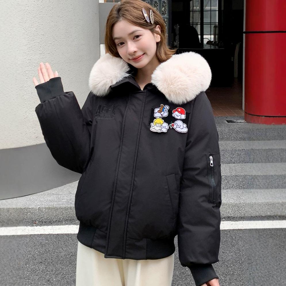 Winter cartoon patch cotton clothes women's hooded big fur collar short thin warm jacket