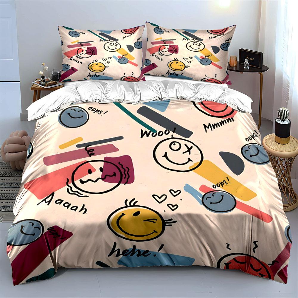 Smiley Faces and Fun Text Bedding Duvet Cover Set  (1*Duvet Cover 2*Pillowcases, Without Duvet Insert)
