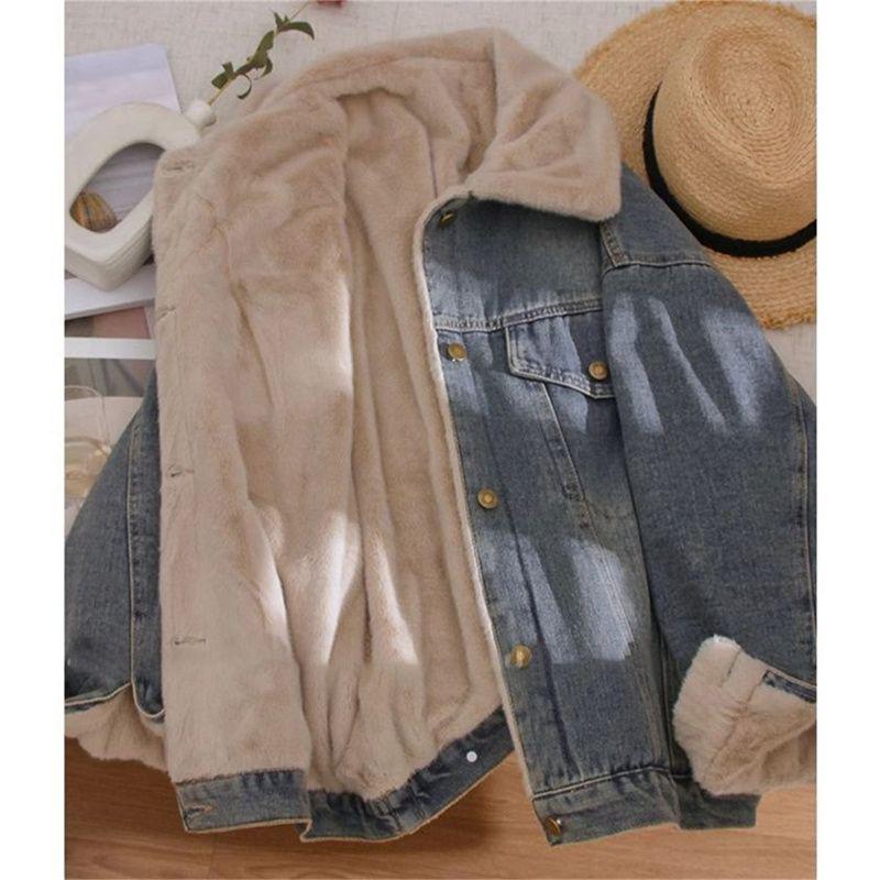Women's Retro Velvet-Lined Denim Jacket, Oversized & Casual for Autumn/Winter 2025