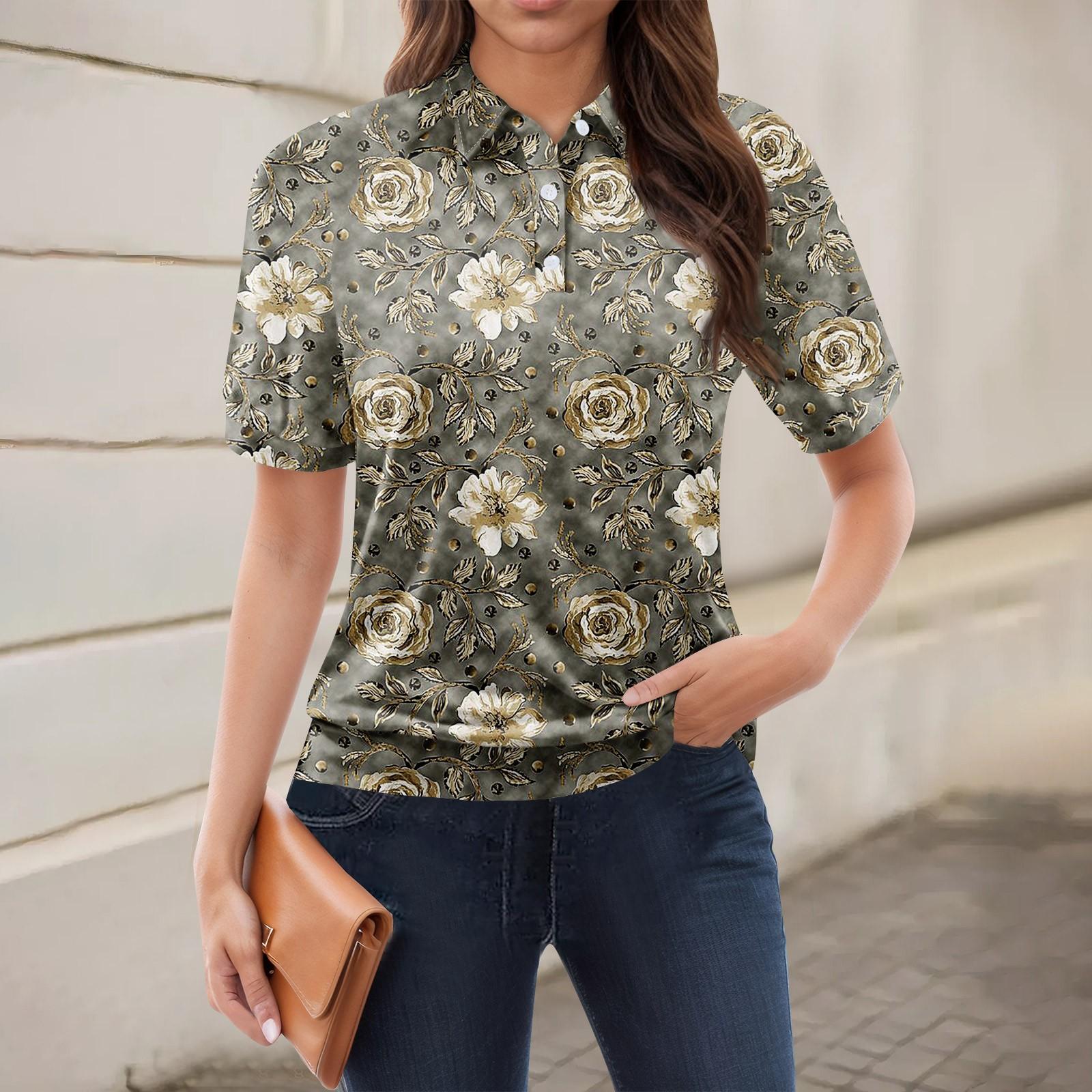 

Женская повседневная футболка с v-образным вырезом и коротким рукавом с цветочным принтом и декоративными пуговицами, топ XXL