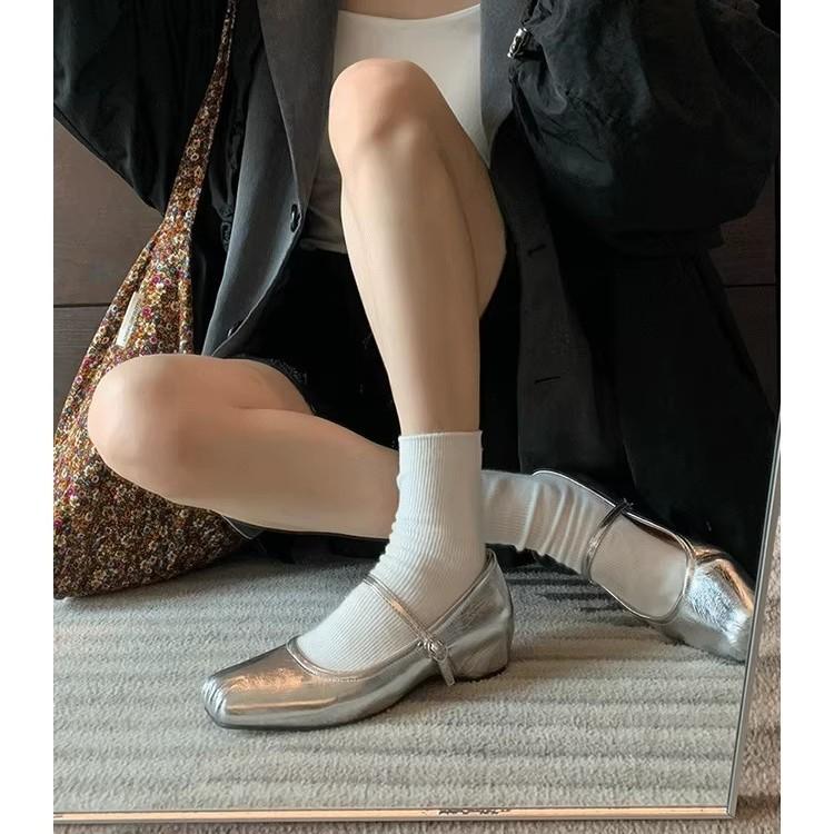 French silver pig nose inner height increase flat-soled single shoes women's shallow mouth square head one-word buckle strap middle heel Mary Jane