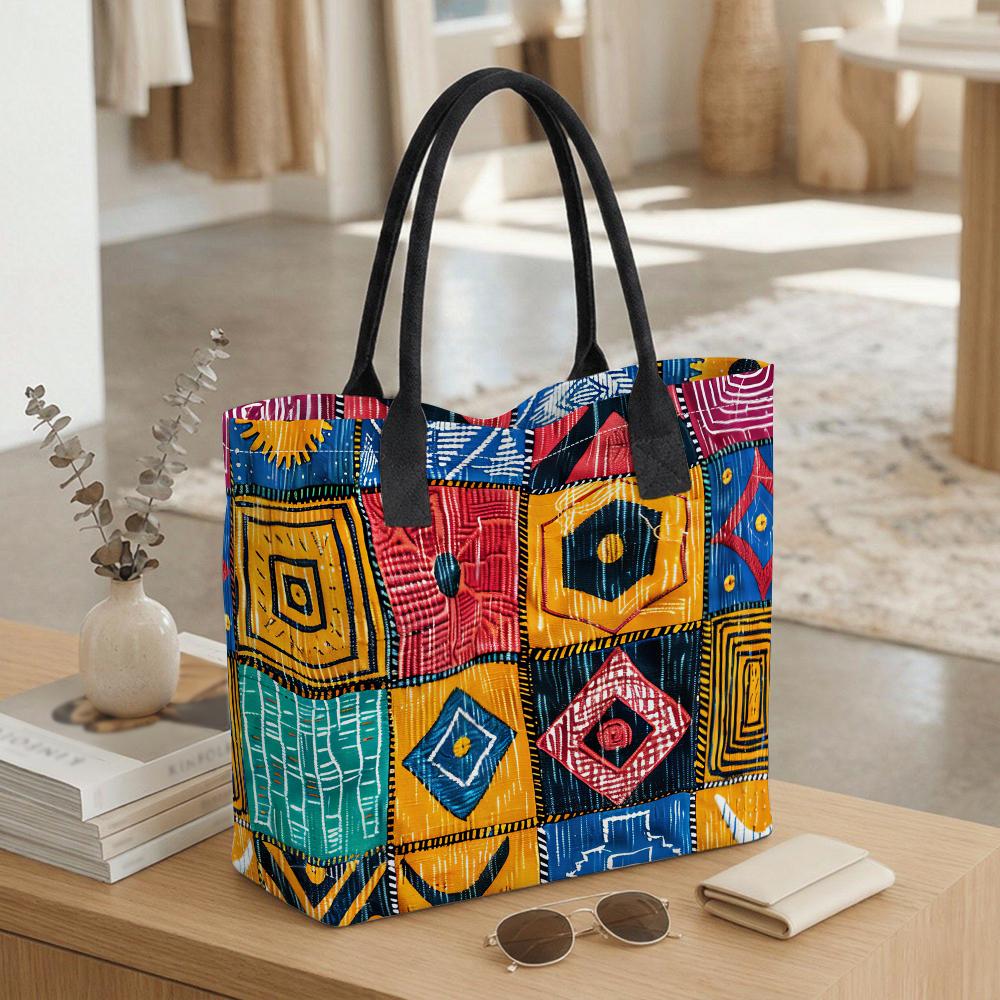 Bohemian Geometric Pattern Tote Bag Large Capacity Portable Daily Casual Outdoor Shopping Shoulder Handbag