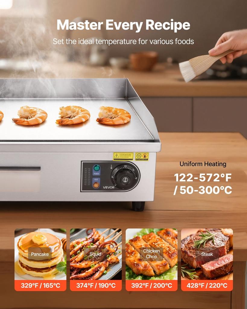 Commercial Electric Griddle, 655 X 400 Mm, 4000W, 50-300°C Adjustable Temp Control, Stainless Steel Countertop Flat Top Grill with 2 Spatulas, 2