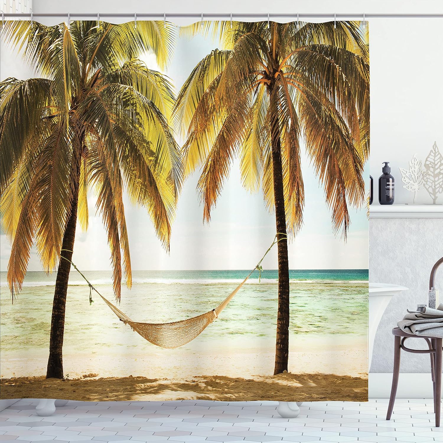 Beach Shower Curtain with Hooks – Hammock & Palm Trees, Tropical Seascape at Sunset, Brown Green Coastal Decor 90x180cm35x71in