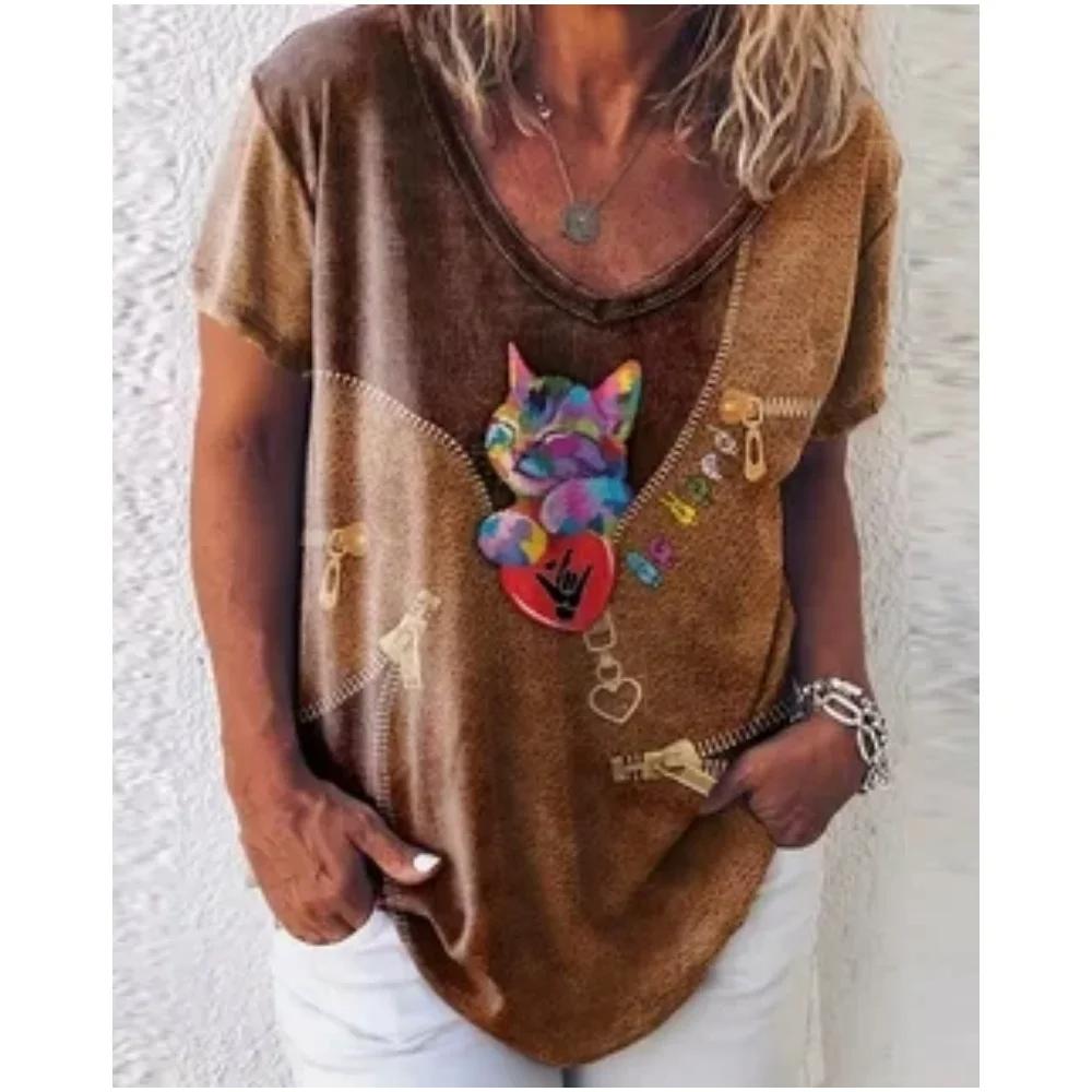 

Summer Women Fashion T-shirt Funny Colorful Cat V-Neck Tops Tees Female Short Sleeve Clothing Ladies Daily Vintage Outfit 3XL