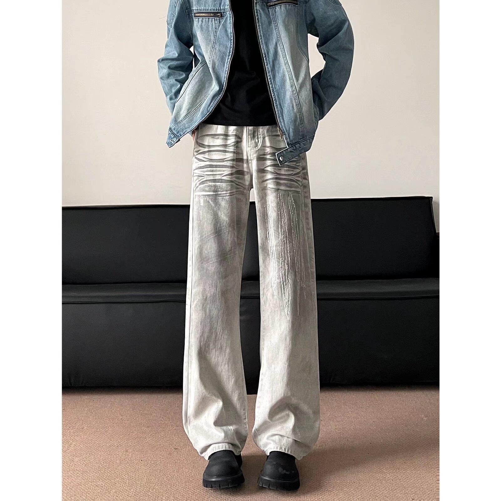 JYL Men s Straight Jeans European Cleanfit Dragon Claw Splash Street Flare Denim XL
