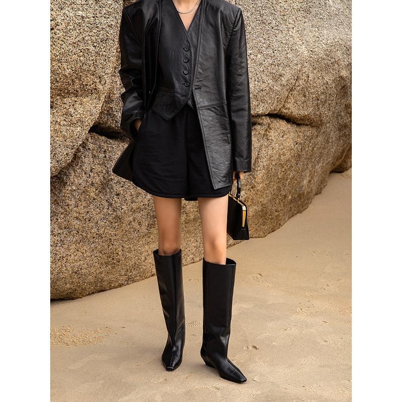 Cowhide version autumn and winter square head leather wedge heel knight boots women's straight boots high boots but knee wide tube thin boots