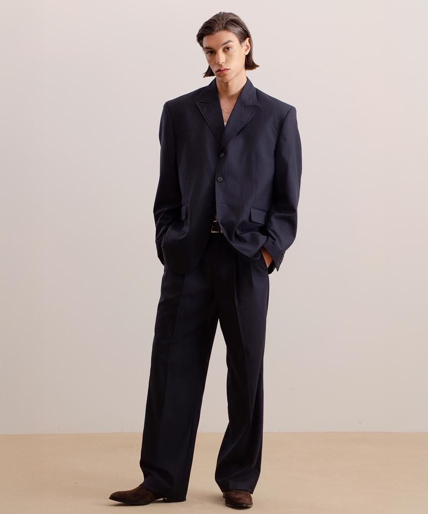 Beideu Wool Double Pleated Tailored Trousers Navy Stripe