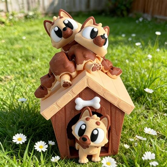 3D Printed Dog House Figurine Movable Joints Mini Puppy Figure Statue Stress Relief Fidget Toy Home Office Desktop Decoration