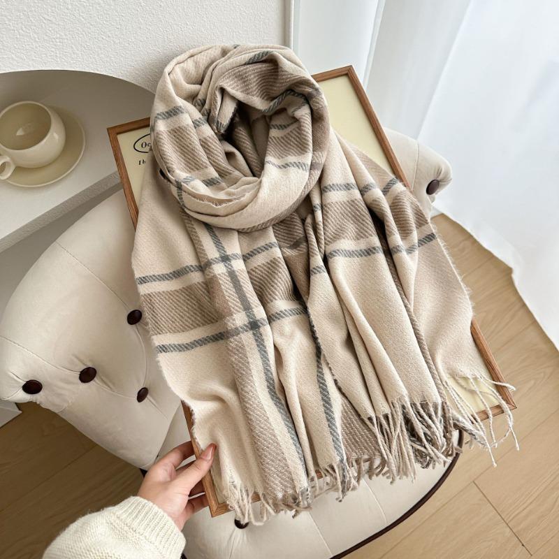 Autumn and Winter Warm White Scarf Women's Thickened Atmosphere Scarf Student Imitation Cashmere Plaid Fringed Shawl