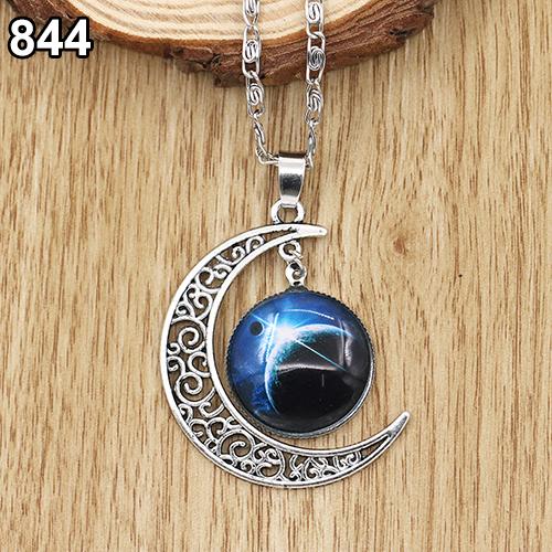 Women Fashion Galactic Glass Alloy Chain Crescent Moon Pendant Necklace