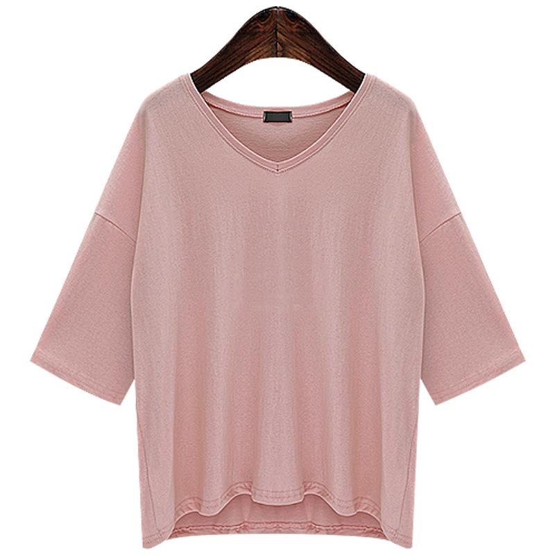 Women's V-Neck Mid-Sleeve Plus Size Loose T-Shirt - Summer Solid Color Versatile Top