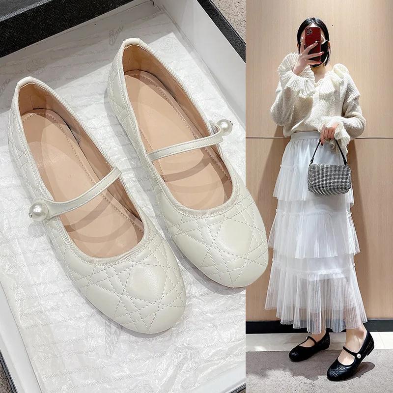 Women's Shoes 2024 Autumn Mary Jane New Fashion Pearl Shallow Mouth Flat Sole Comfortable Non Slip White Banquet Casual Shoes