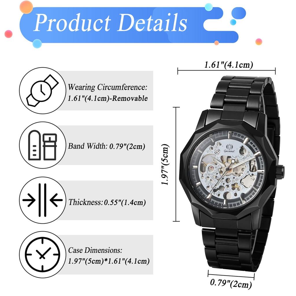Automatic Mechanical Skeleton Luminous Analog Antique Stainless Steel Suitable for Black Perfect Gift for Day Men's Watch Display, Style, Waterproof,