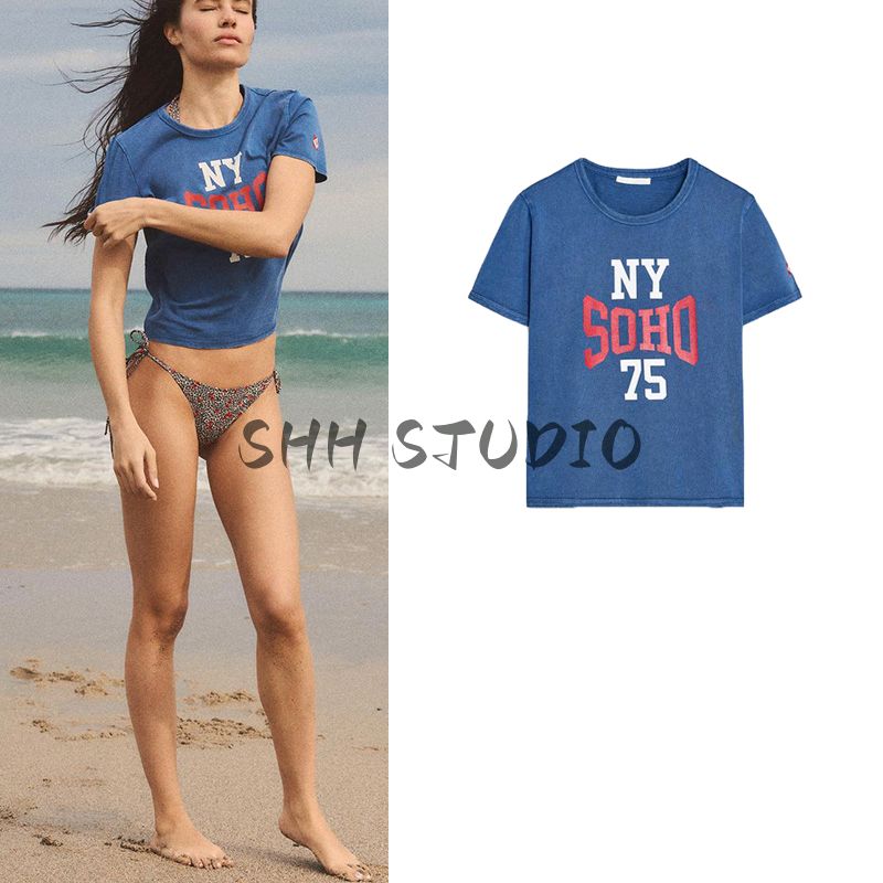 Spring and Summer New Women's Clothing French Style Preppy Style Cotton Printing Washing Effect Short Sleeve round Neck T-shirt 3253358