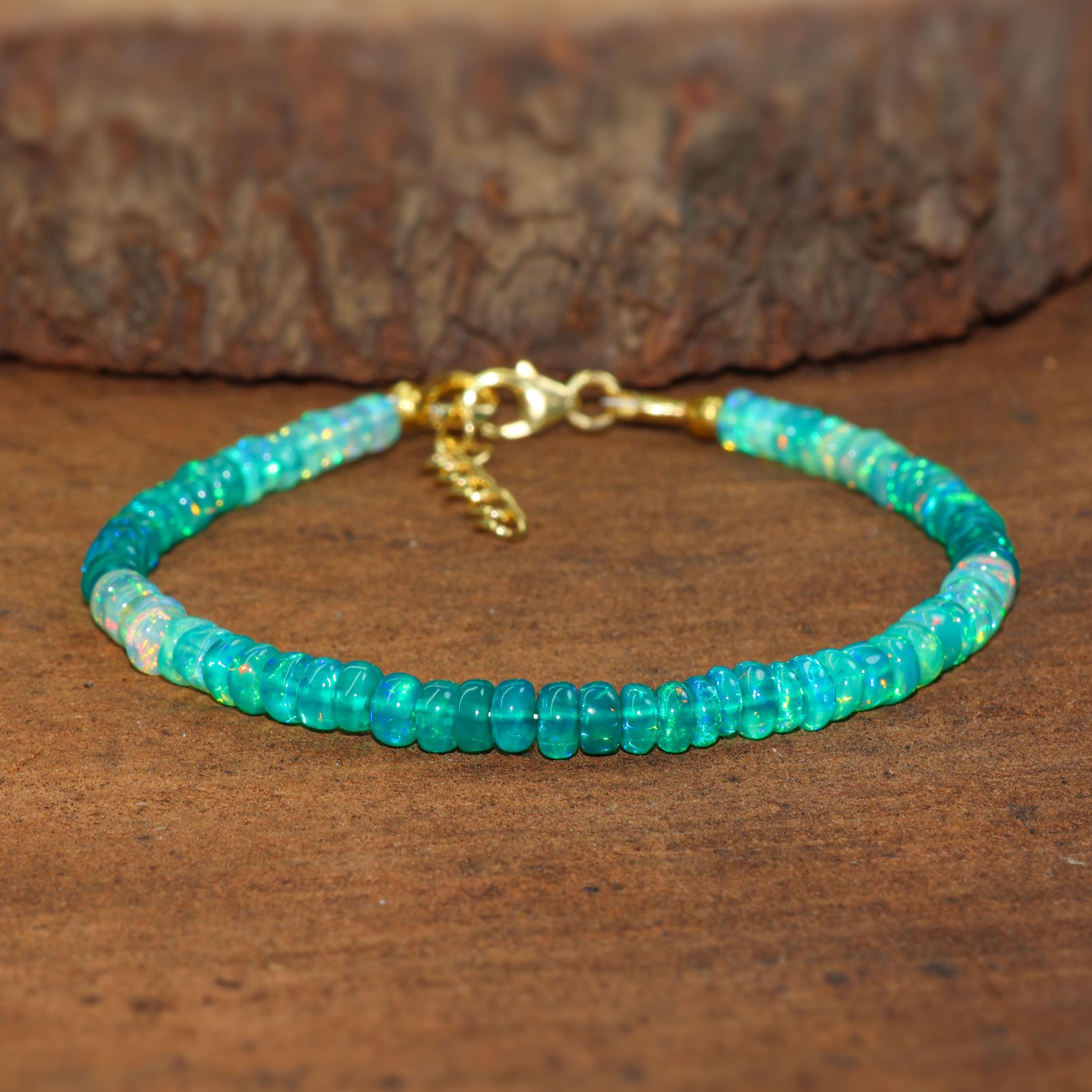 

Green Shaded Opal Beads Bracelet, Multifire Opal Beads Handmade Bracelet, Natural Opal Beaded Bracelet, Opal Birthstone Jewelry Gift 5 Inch жовтий/золотий