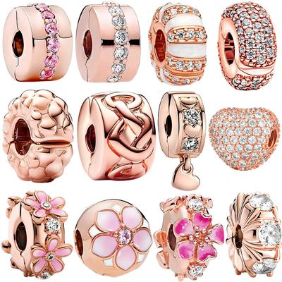 Gnistrande Rose Gold Clip Charm Pärlor Passar Original Orm Koppar Armband Halsband Pärlor För Diy Smycken Kvinnors Gåva
