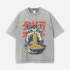 Vintage Art Acid Washed T-shirt Japanese Cat Fashion Short Sleeve Round Neck Chic Tees Summer Heavy Weight Tunics