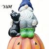 Autumn Home Accents Halloween Gnome Outdoor Garden Statue, Resin On Pumpkin Figurine with Desktop Shelf Decorations Black Cat, Fall Dwarf Sculpture