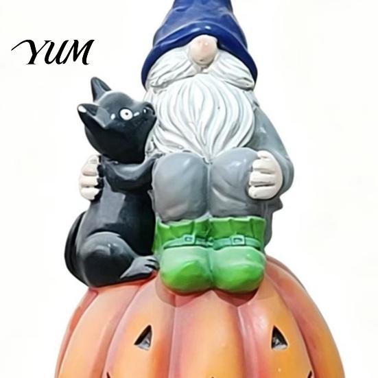 Autumn Home Accents Halloween Gnome Outdoor Garden Statue, Resin On Pumpkin Figurine with Desktop Shelf Decorations Black Cat, Fall Dwarf Sculpture