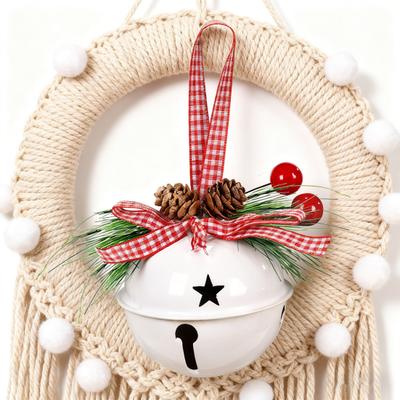 Christmas Bell Ornaments with Pinecones Berries Plaid Bow Rustic Metal Jingle Bells Xmas Tree Hanging Decor for Holiday Door Window Tree Party Decor