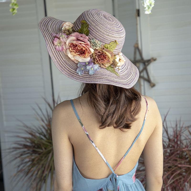 Summer new sunscreen sunshade flower straw hat women's beach travel hand-woven hat foldable big eaves hat