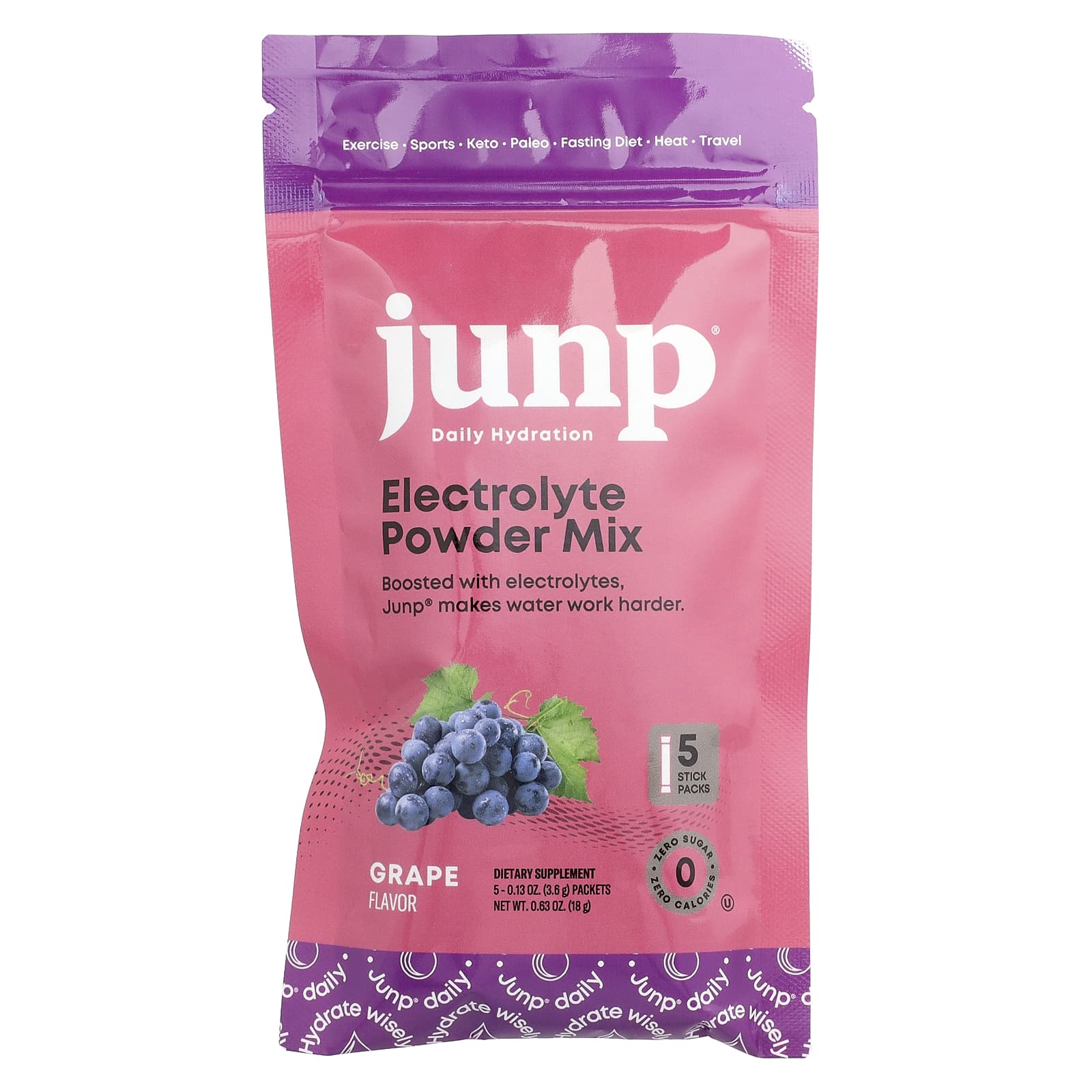 

JUNP Hydration, Electrolyte Powder Mix, Grape, 5 Stick Packs, 3.6g (0.13oz) Each